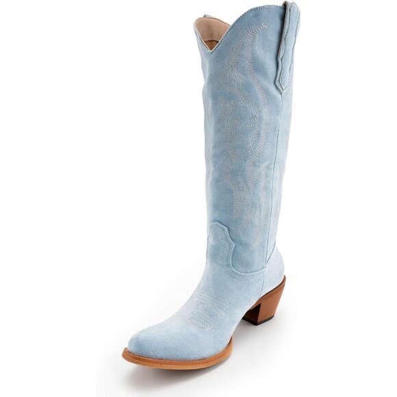Shoes - Women's Faux Suede Pointed Heeled Western Wide Calf Embroidered Light Blue Boots